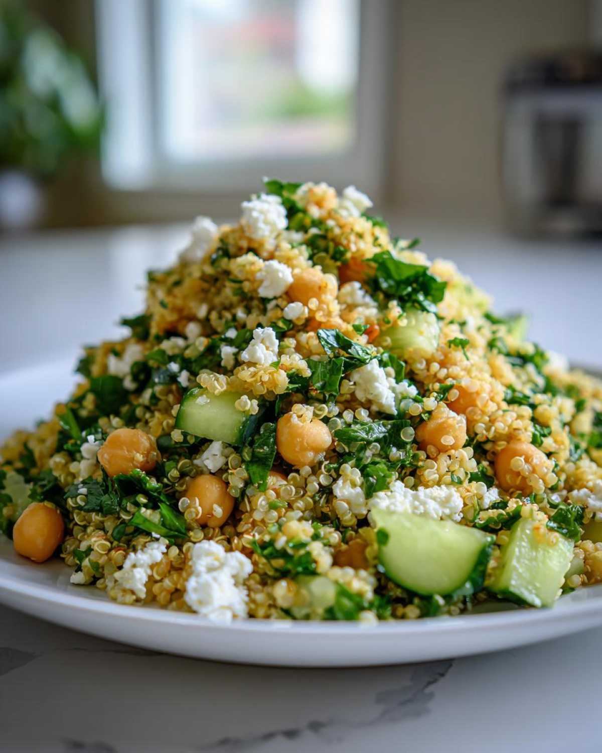 A mound of vibrant Jennifer Aniston Salad featuring quinoa, chickpeas, cucumber, and crumbled feta cheese on a white plate.