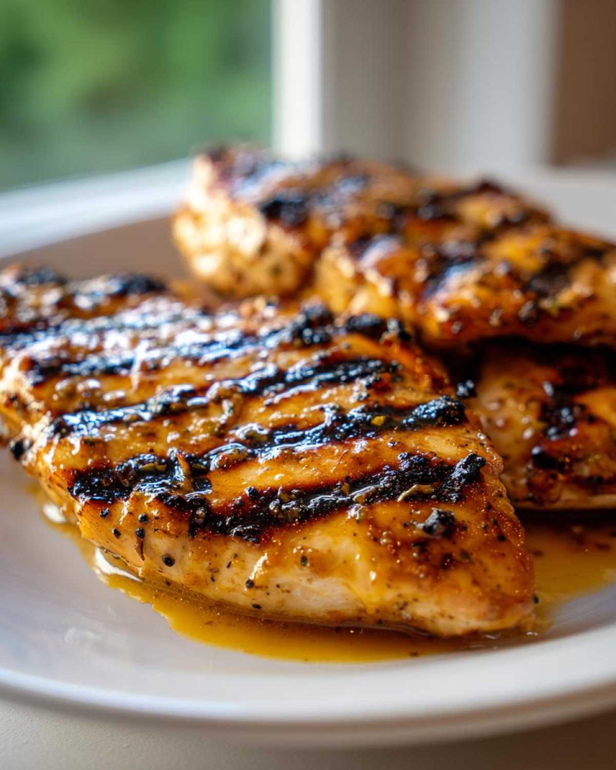 Close-up of juicy Grilled Honey Mustard Chicken Breasts with prominent char marks resting in sauce.