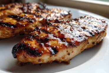 Close-up of juicy Grilled Honey Mustard Chicken Breasts with visible grill marks and a shiny glaze.