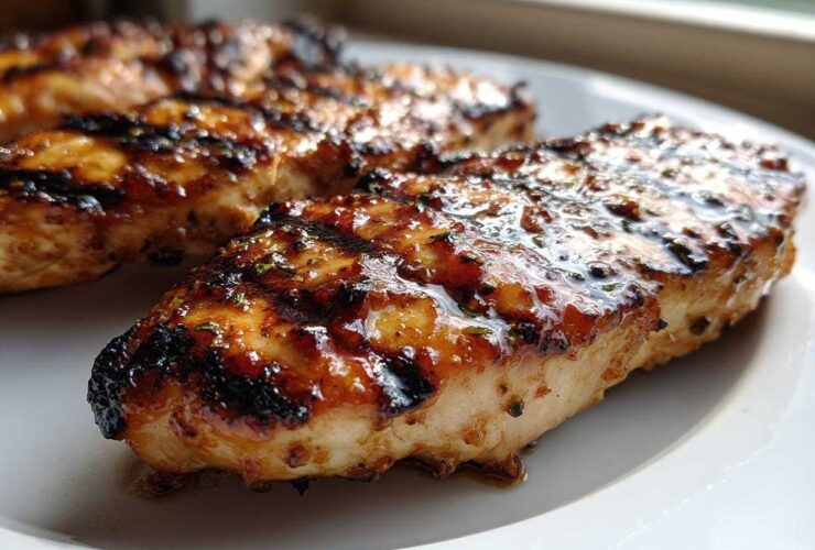 Close-up of juicy Grilled Honey Mustard Chicken Breasts with visible grill marks and a shiny glaze.