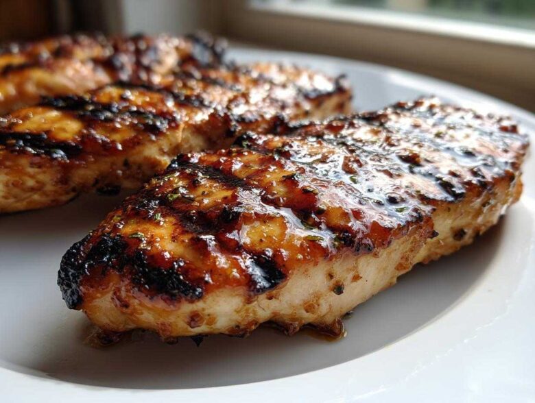 Close-up of juicy Grilled Honey Mustard Chicken Breasts with visible grill marks and a shiny glaze.