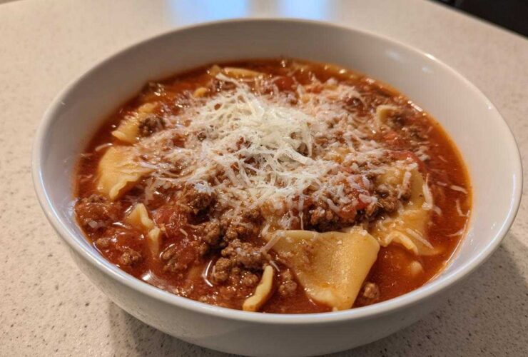 Close-up of a white bowl filled with rich, tomato-based Lasagna Soup topped generously with ground meat and grated Parmesan cheese.