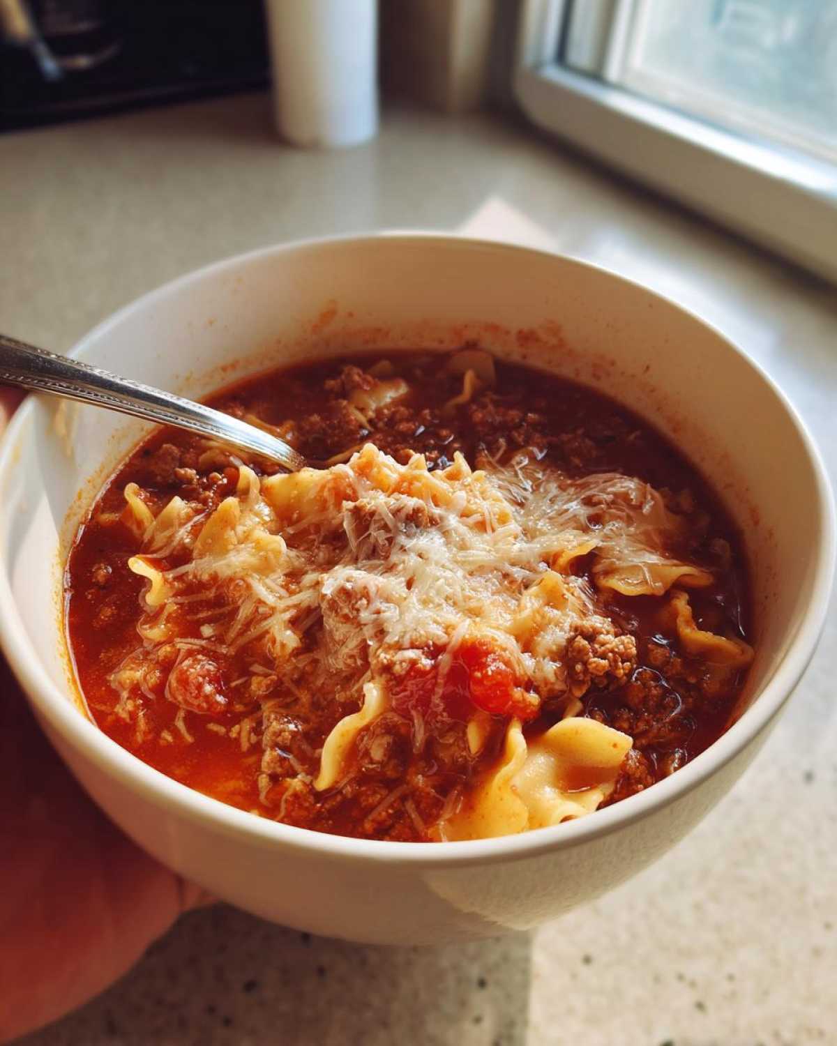 A close-up of a white bowl filled with rich Lasagna Soup, featuring ground meat, pasta pieces, and topped with shredded Parmesan cheese.