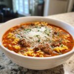 Close-up of a white bowl filled with rich Lasagna Soup, featuring rotini pasta, meat sauce, and grated Parmesan cheese.