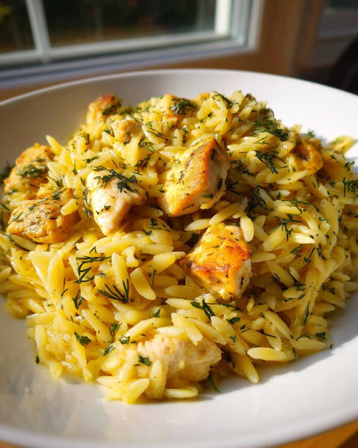 A close-up serving of bright yellow Lemon Chicken Orzo Stir Fry topped with fresh dill.