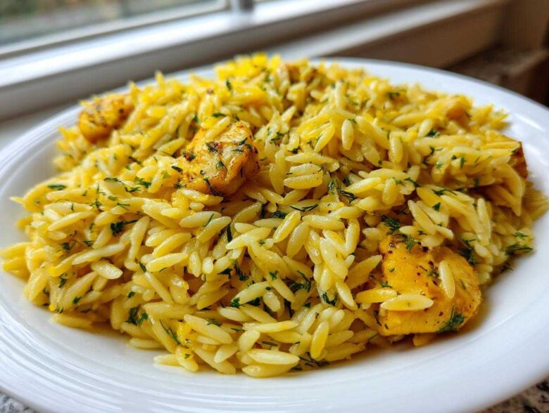 A close-up of a white plate filled with bright yellow Lemon Chicken Orzo Stir Fry, garnished with fresh green herbs.