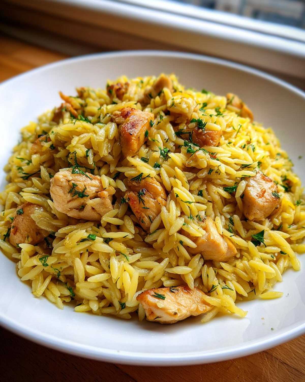Close-up of a white bowl filled with Lemon Chicken Orzo Stir Fry, garnished with fresh green herbs.