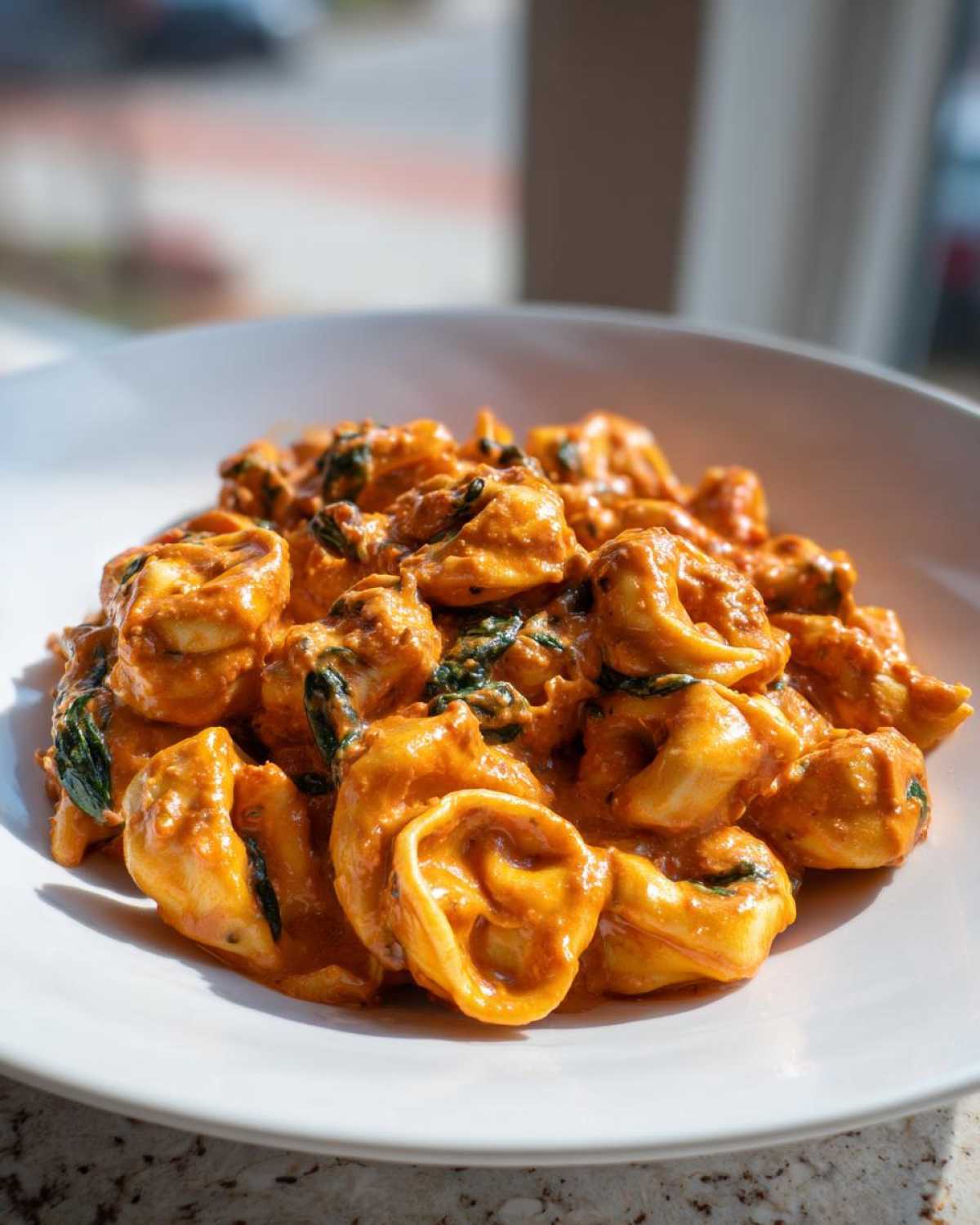 Close-up of delicious Marry Me Tortellini coated in a rich, creamy tomato sauce with visible spinach leaves.