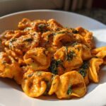Close-up of Marry Me Tortellini coated in a rich, creamy orange sauce with spinach and black pepper.