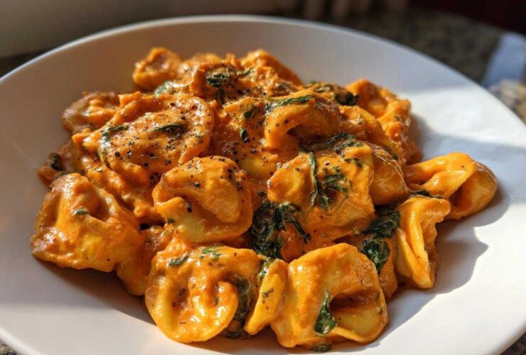 Close-up of Marry Me Tortellini coated in a rich, creamy orange sauce with spinach and black pepper.
