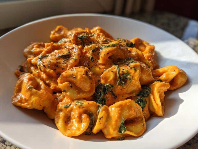 Close-up of Marry Me Tortellini coated in a rich, creamy orange sauce with spinach and black pepper.