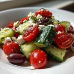 Close-up of a fresh Mediterranean Cucumber Salad featuring chunks of cucumber, halved cherry tomatoes, feta cheese, and Kalamata olives.