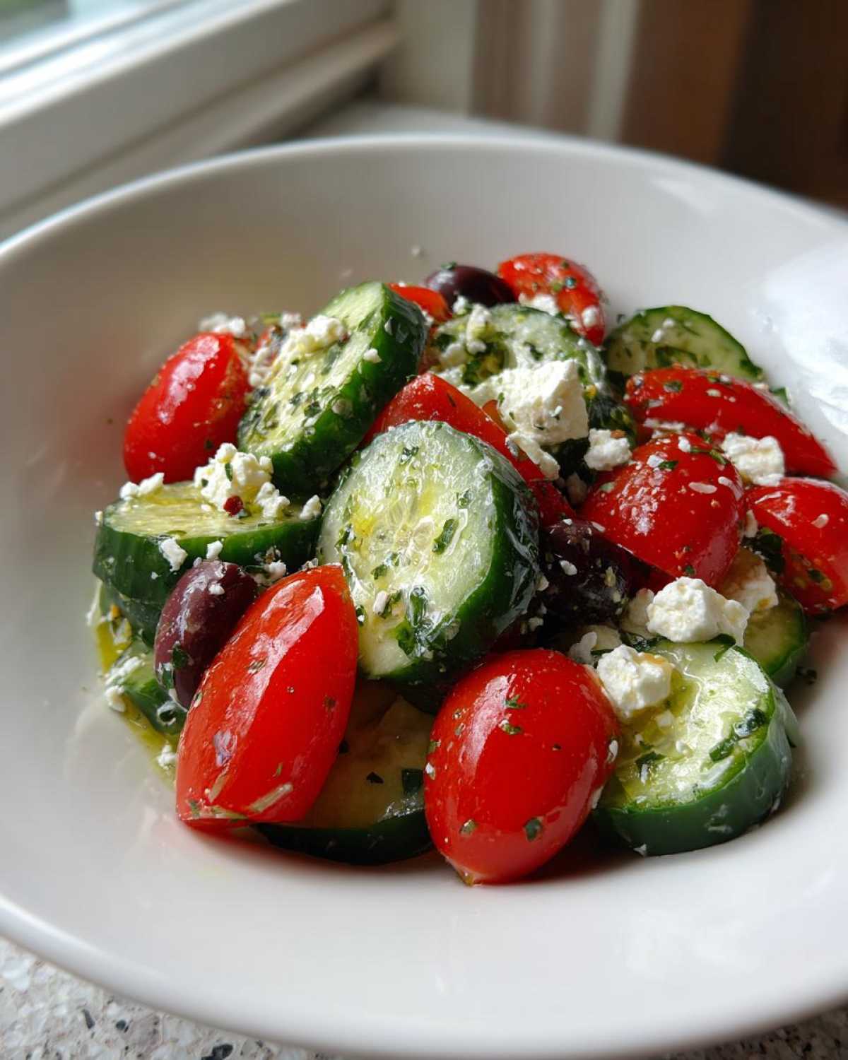 Close-up of a bowl filled with vibrant Mediterranean Cucumber Salad featuring sliced cucumbers, cherry tomatoes, feta cheese, and olives.