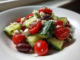 Close-up of a fresh Mediterranean Cucumber Salad featuring chunks of cucumber, halved cherry tomatoes, feta cheese, and Kalamata olives.