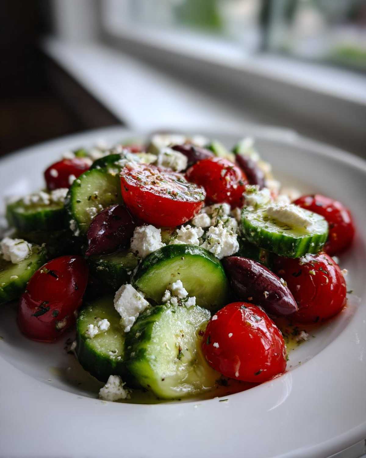 Close-up of a fresh Mediterranean Cucumber Salad featuring sliced cucumbers, halved cherry tomatoes, feta cheese, and Kalamata olives.