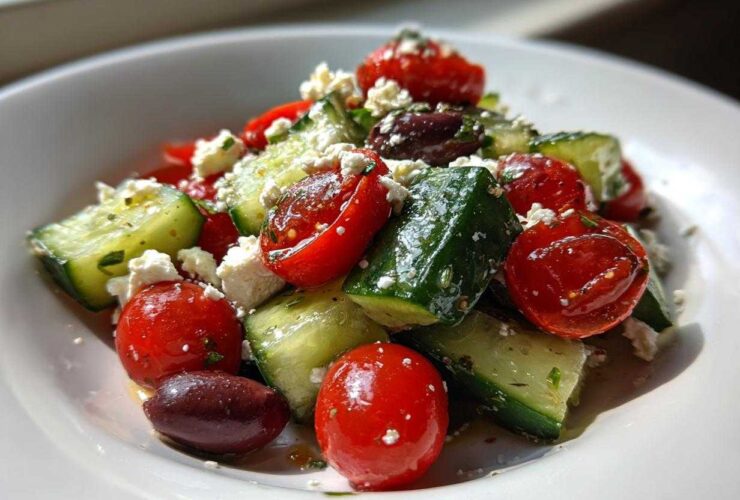 Close-up of a fresh Mediterranean Cucumber Salad featuring chunks of cucumber, halved cherry tomatoes, feta cheese, and Kalamata olives.