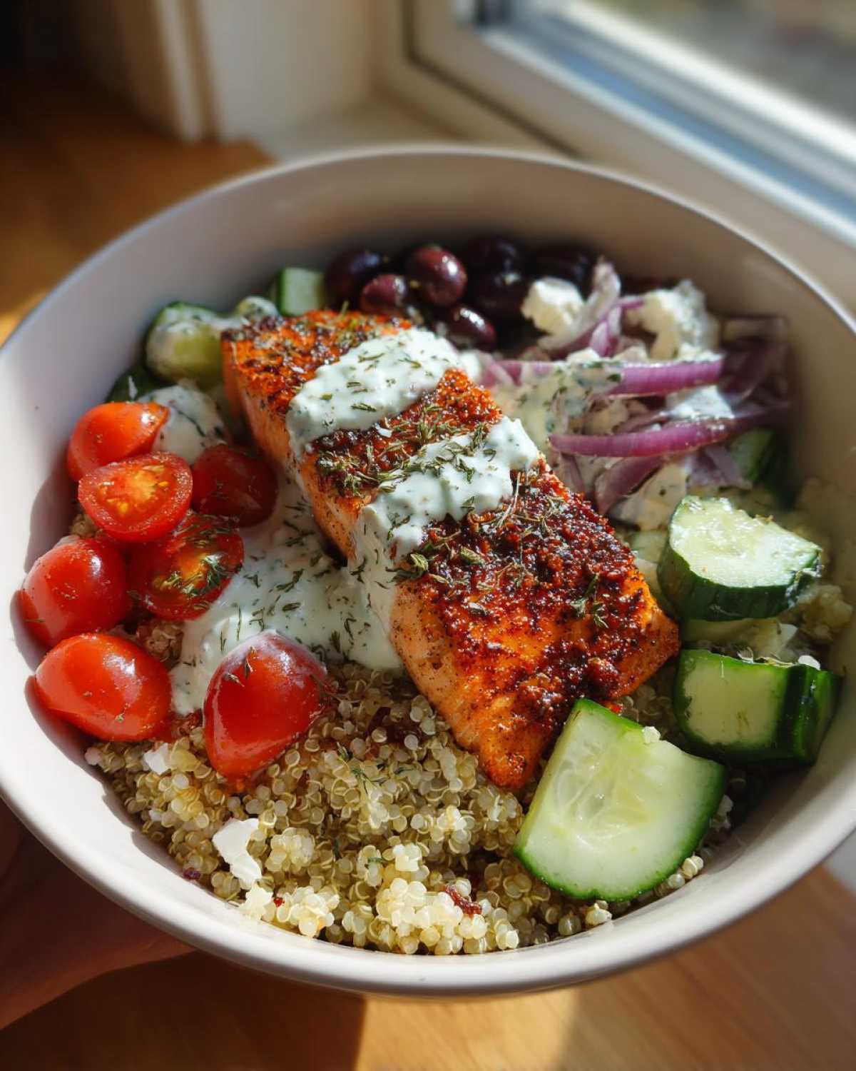 A vibrant Mediterranean Salmon Bowl featuring seasoned salmon over quinoa, topped with tzatziki, tomatoes, cucumbers, and olives.