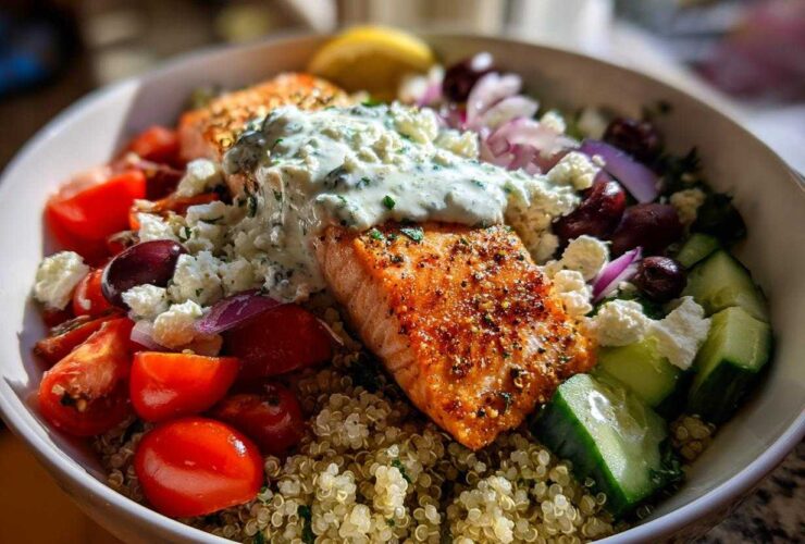Close-up of a vibrant Mediterranean Salmon Bowl featuring seasoned salmon topped with tzatziki sauce over quinoa.