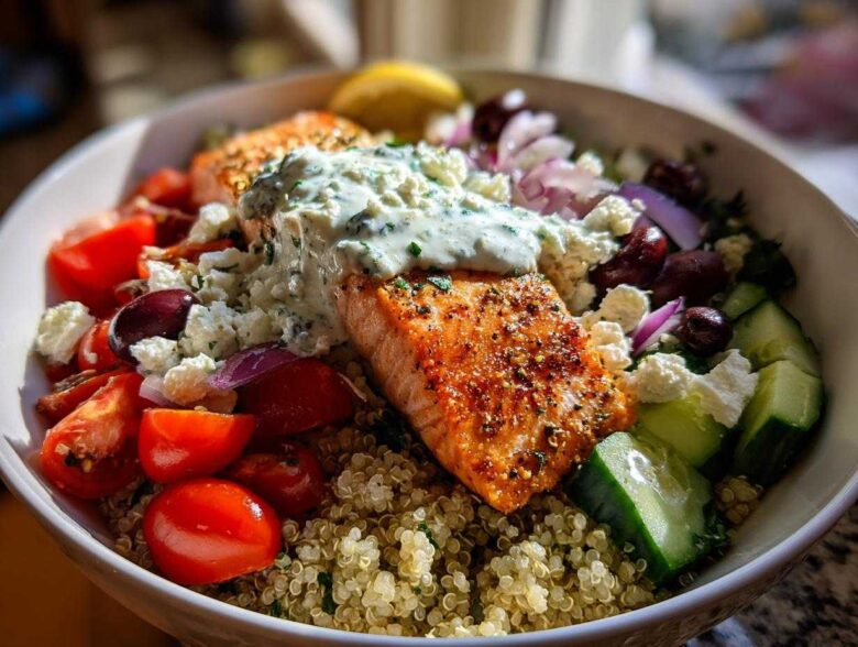 Close-up of a vibrant Mediterranean Salmon Bowl featuring seasoned salmon topped with tzatziki sauce over quinoa.
