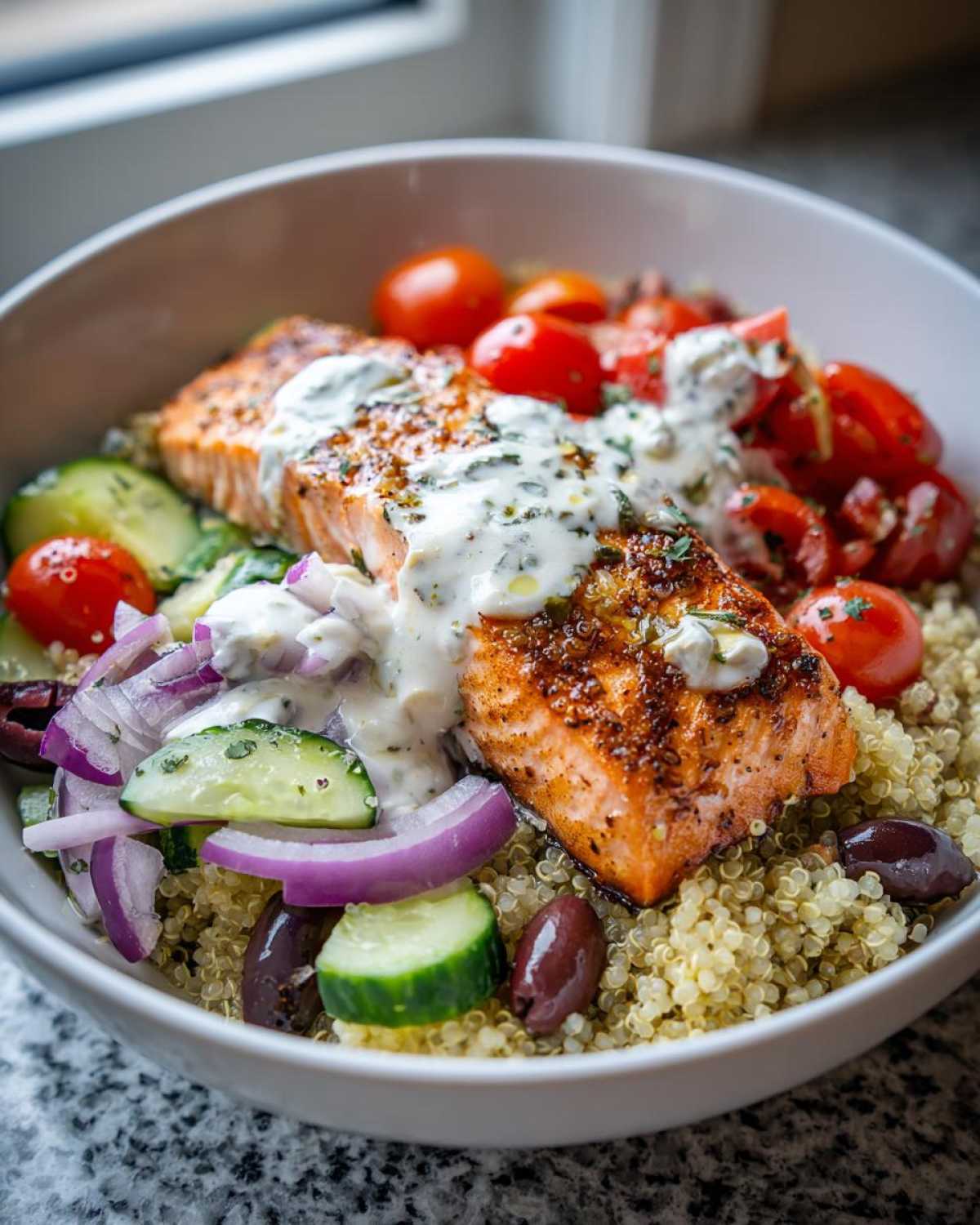 Close-up of a vibrant Mediterranean Salmon Bowl featuring seasoned salmon, quinoa, cucumbers, tomatoes, and creamy tzatziki sauce.