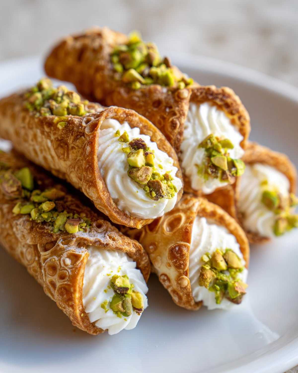 A stack of freshly filled Mini Cannoli Bites with creamy ricotta filling and chopped pistachios on a white plate.