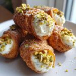 A stack of freshly filled Mini Cannoli Bites, featuring crispy shells, creamy ricotta filling, and chopped pistachios.