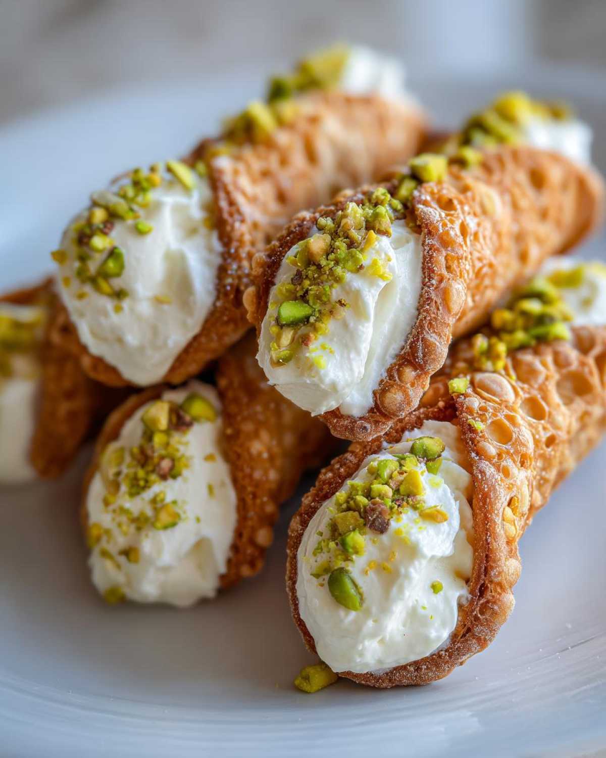 A stack of golden-brown, crispy Mini Cannoli Bites filled with creamy ricotta and topped with chopped green pistachios.