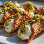Several perfectly filled Mini Cannoli Bites topped with crushed pistachios and powdered sugar on a white plate.