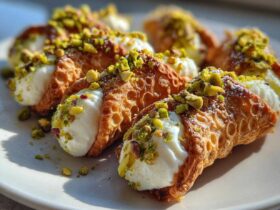 Several perfectly filled Mini Cannoli Bites topped with crushed pistachios and powdered sugar on a white plate.