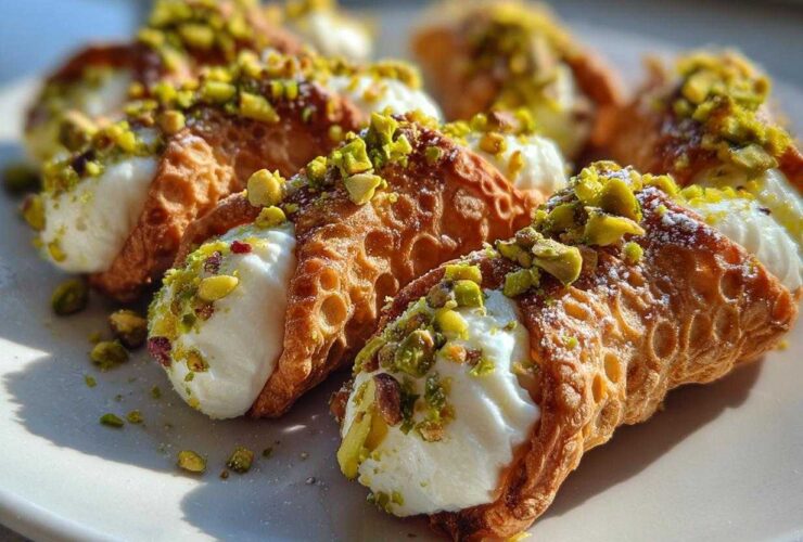 Several perfectly filled Mini Cannoli Bites topped with crushed pistachios and powdered sugar on a white plate.