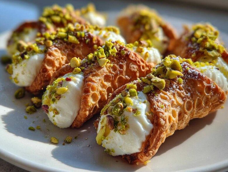 Several perfectly filled Mini Cannoli Bites topped with crushed pistachios and powdered sugar on a white plate.