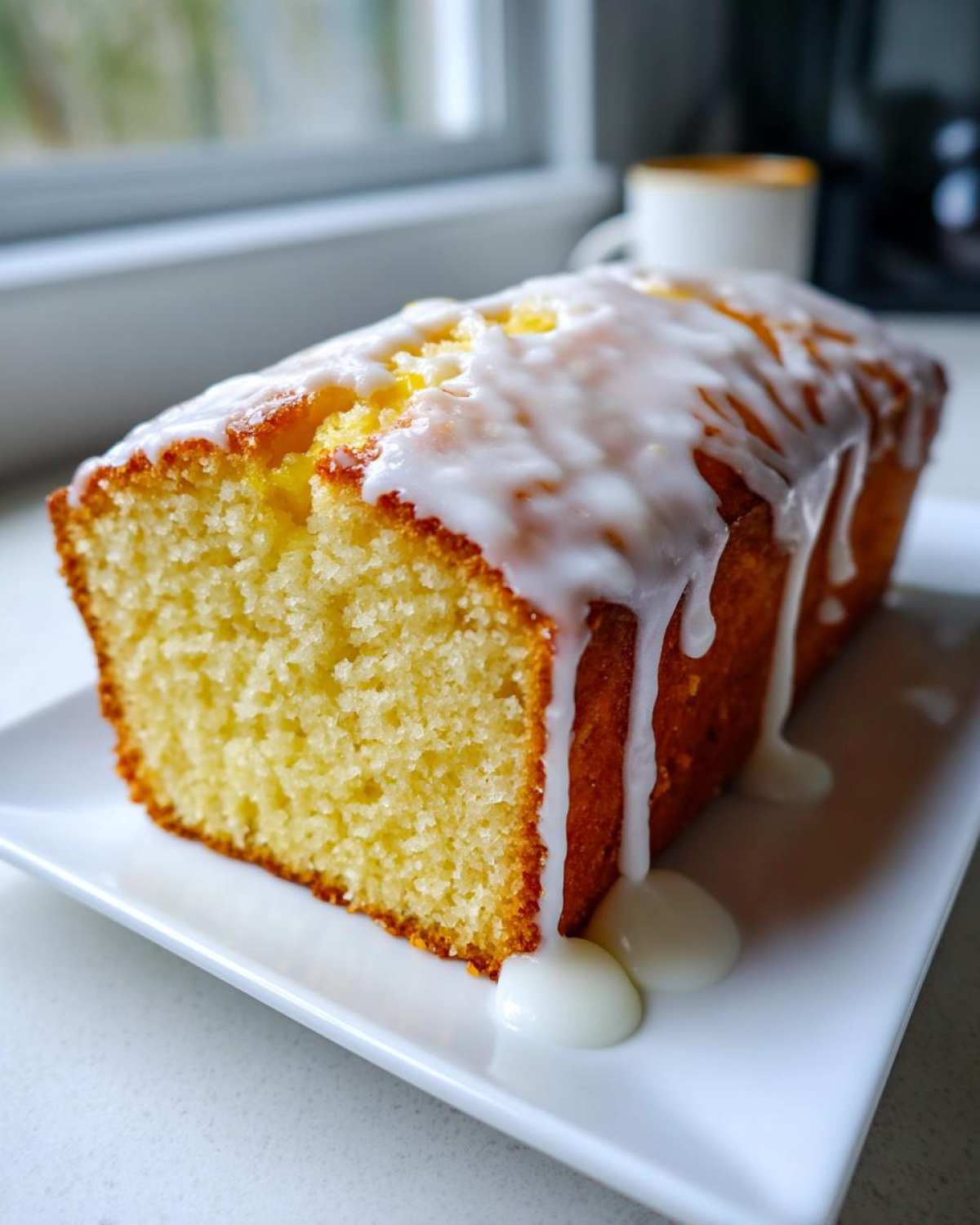 A moist Greek Yogurt Lemon Loaf Cake with a thick white lemon glaze drizzled over the top, served on a white plate.