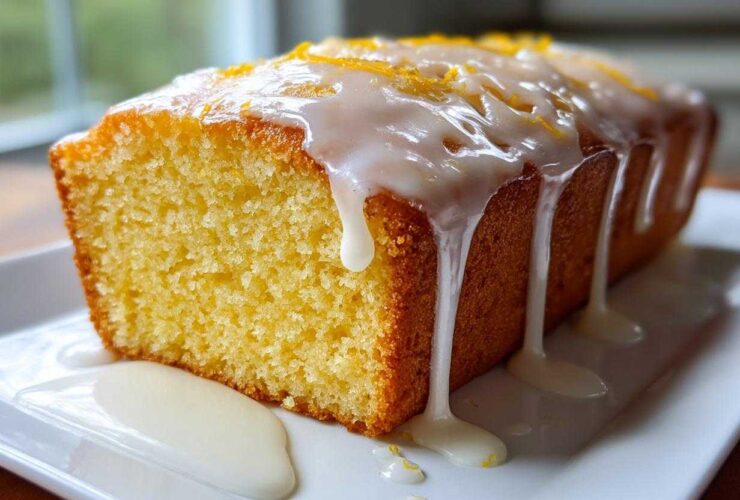 A close-up of a moist Greek Yogurt Lemon Loaf Cake with thick white glaze dripping down the sides and lemon zest on top.