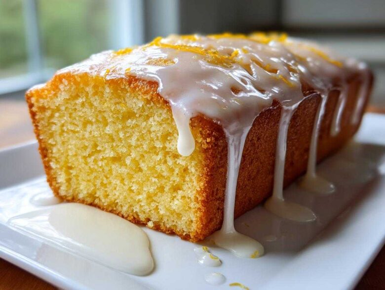 A close-up of a moist Greek Yogurt Lemon Loaf Cake with thick white glaze dripping down the sides and lemon zest on top.