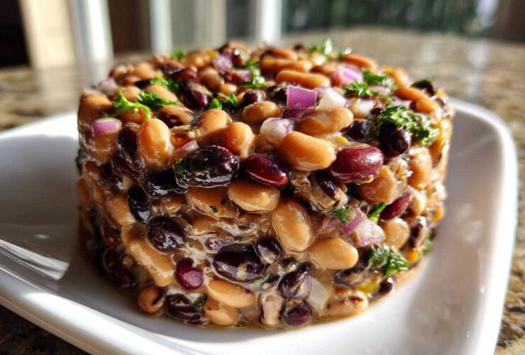 A molded serving of Dense Bean Salad featuring mixed beans, red onion, and herbs, glistening with dressing.