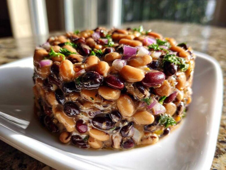 A molded serving of Dense Bean Salad featuring mixed beans, red onion, and herbs, glistening with dressing.