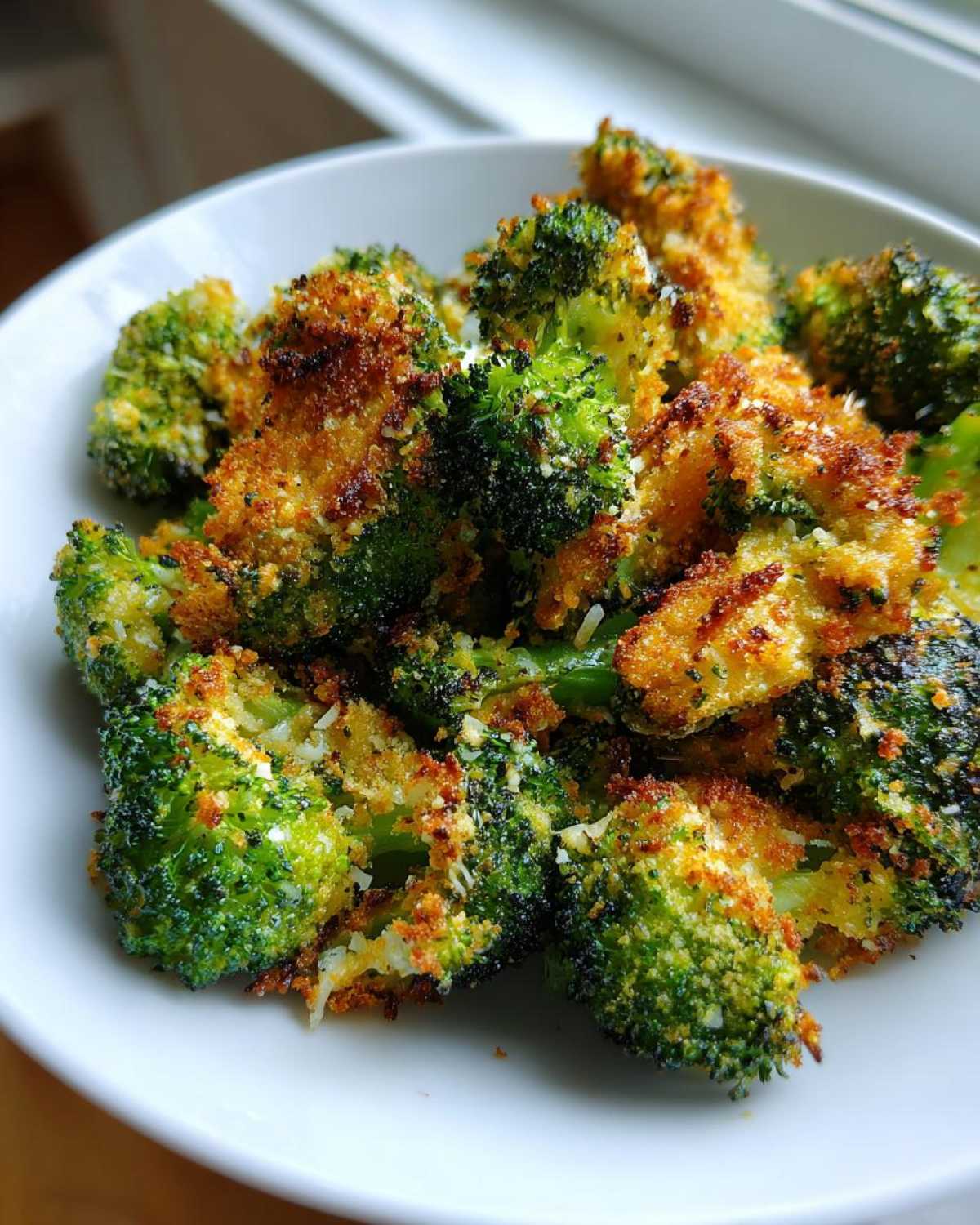 A close-up of crispy, golden brown Parmesan Crusted Broccoli Florets piled high in a white serving bowl.