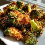 Close-up of golden brown Parmesan Crusted Broccoli Florets piled on a white plate, beautifully roasted.