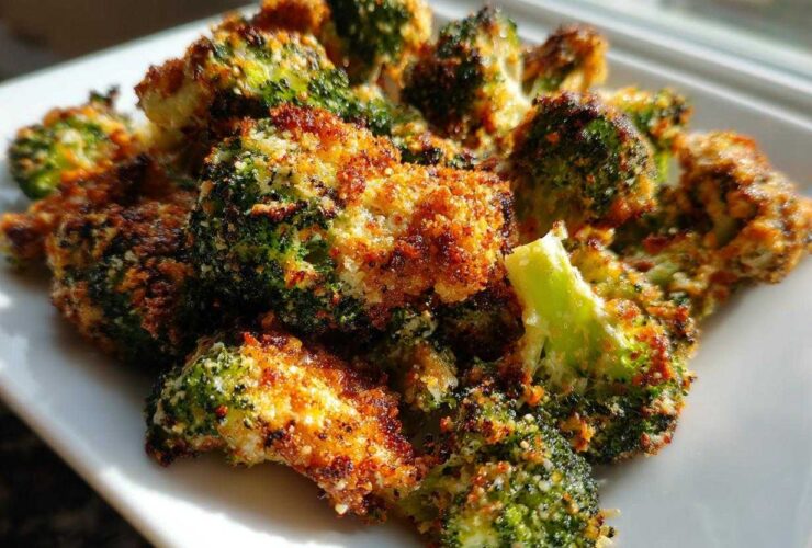Close-up of golden brown Parmesan Crusted Broccoli Florets piled on a white plate, beautifully roasted.