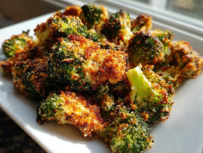 Close-up of golden brown Parmesan Crusted Broccoli Florets piled on a white plate, beautifully roasted.