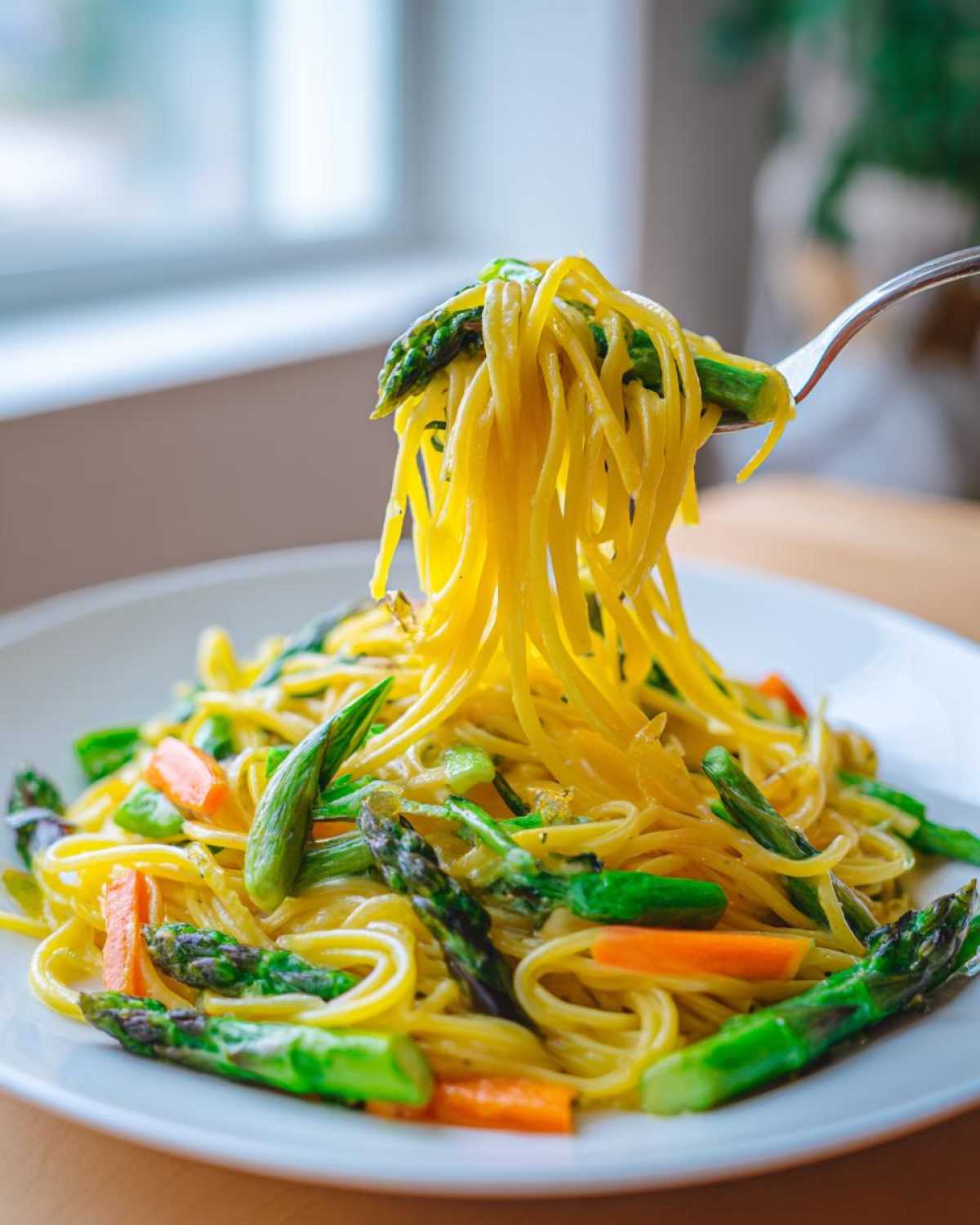 A fork lifts a swirl of spaghetti from a plate of Pasta Primavera featuring bright green asparagus and orange carrots.