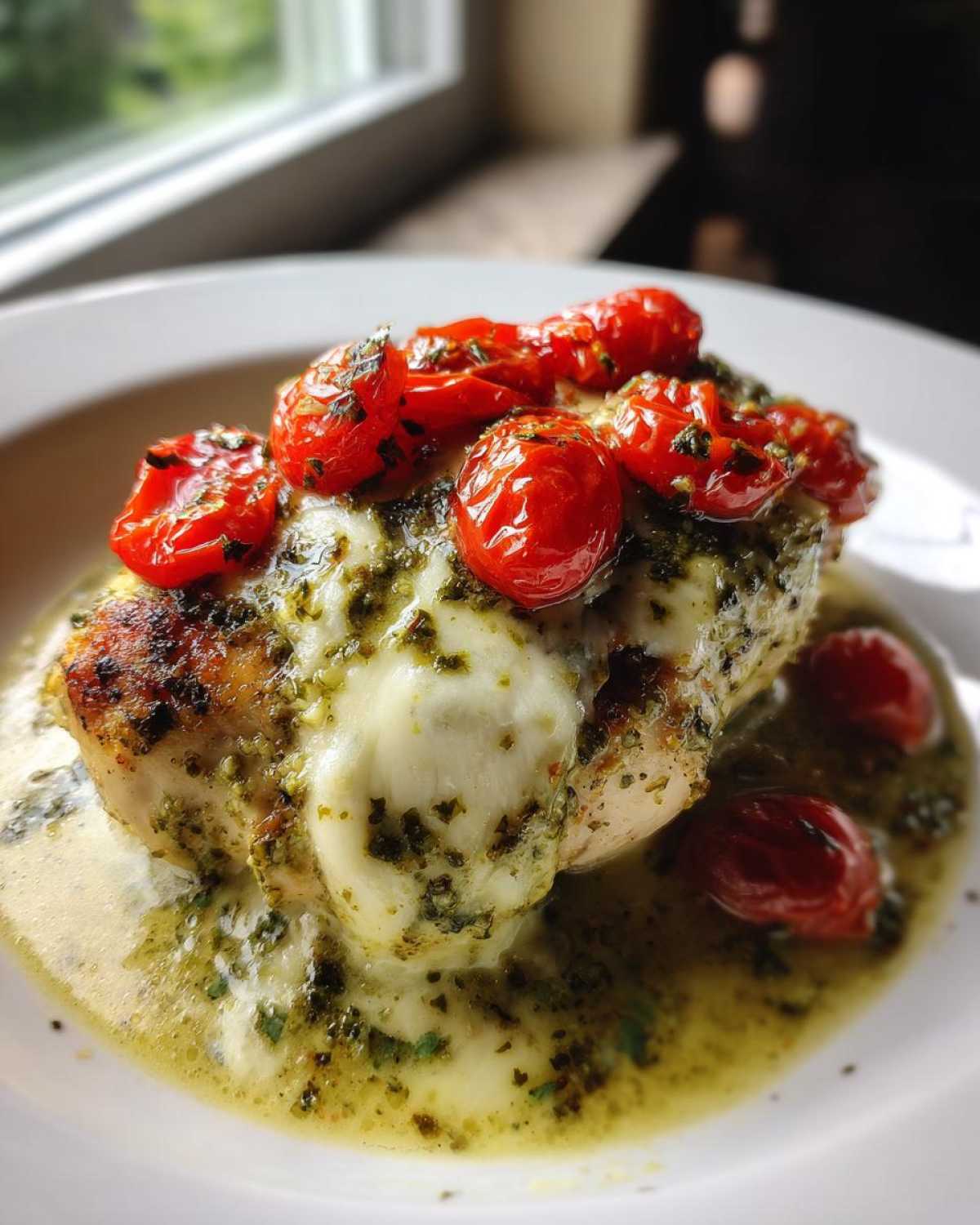Close-up of a juicy Pesto Chicken Bake topped with melted mozzarella and roasted cherry tomatoes.