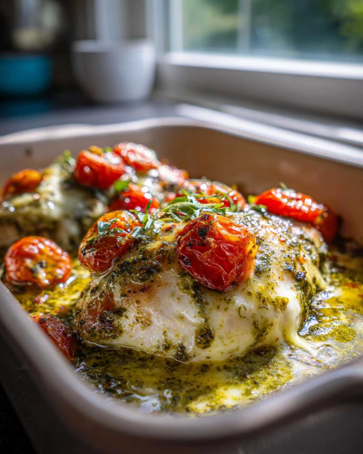 A close-up of a juicy Pesto Chicken Bake topped with roasted cherry tomatoes and melted cheese in a baking dish.