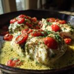 Three pieces of chicken breast topped with pesto and halved cherry tomatoes baking in a rich, buttery sauce in a cast iron skillet for Pesto Chicken Bake.