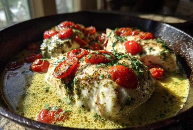 Three pieces of chicken breast topped with pesto and halved cherry tomatoes baking in a rich, buttery sauce in a cast iron skillet for Pesto Chicken Bake.