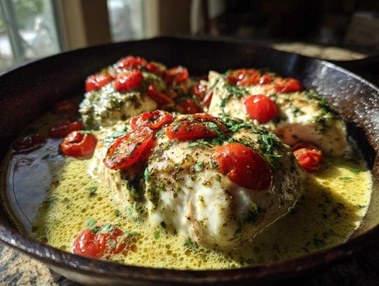 Three pieces of chicken breast topped with pesto and halved cherry tomatoes baking in a rich, buttery sauce in a cast iron skillet for Pesto Chicken Bake.