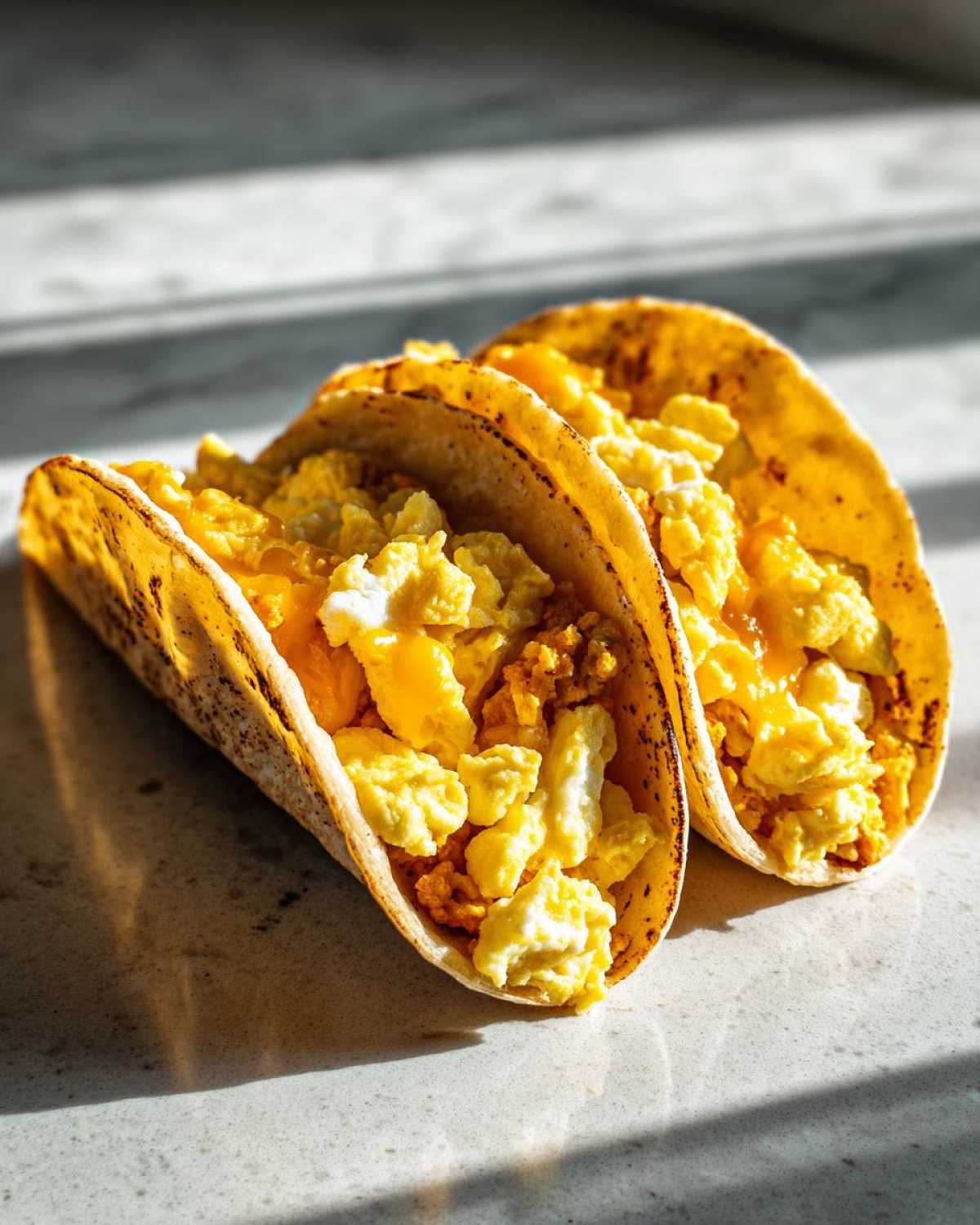 Two delicious Potato Egg Cheese Breakfast Tacos filled with fluffy scrambled eggs and melted cheese, sitting on a bright countertop.