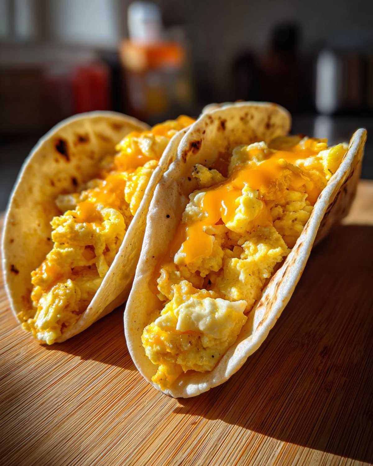 Two soft tortilla tacos filled with fluffy scrambled eggs and melted cheddar cheese, ready to eat as Potato Egg Cheese Breakfast Tacos.