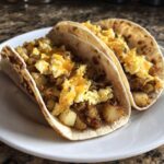 Two delicious Potato Egg Cheese Breakfast Tacos filled with scrambled eggs, potatoes, and melted cheddar cheese on soft tortillas.