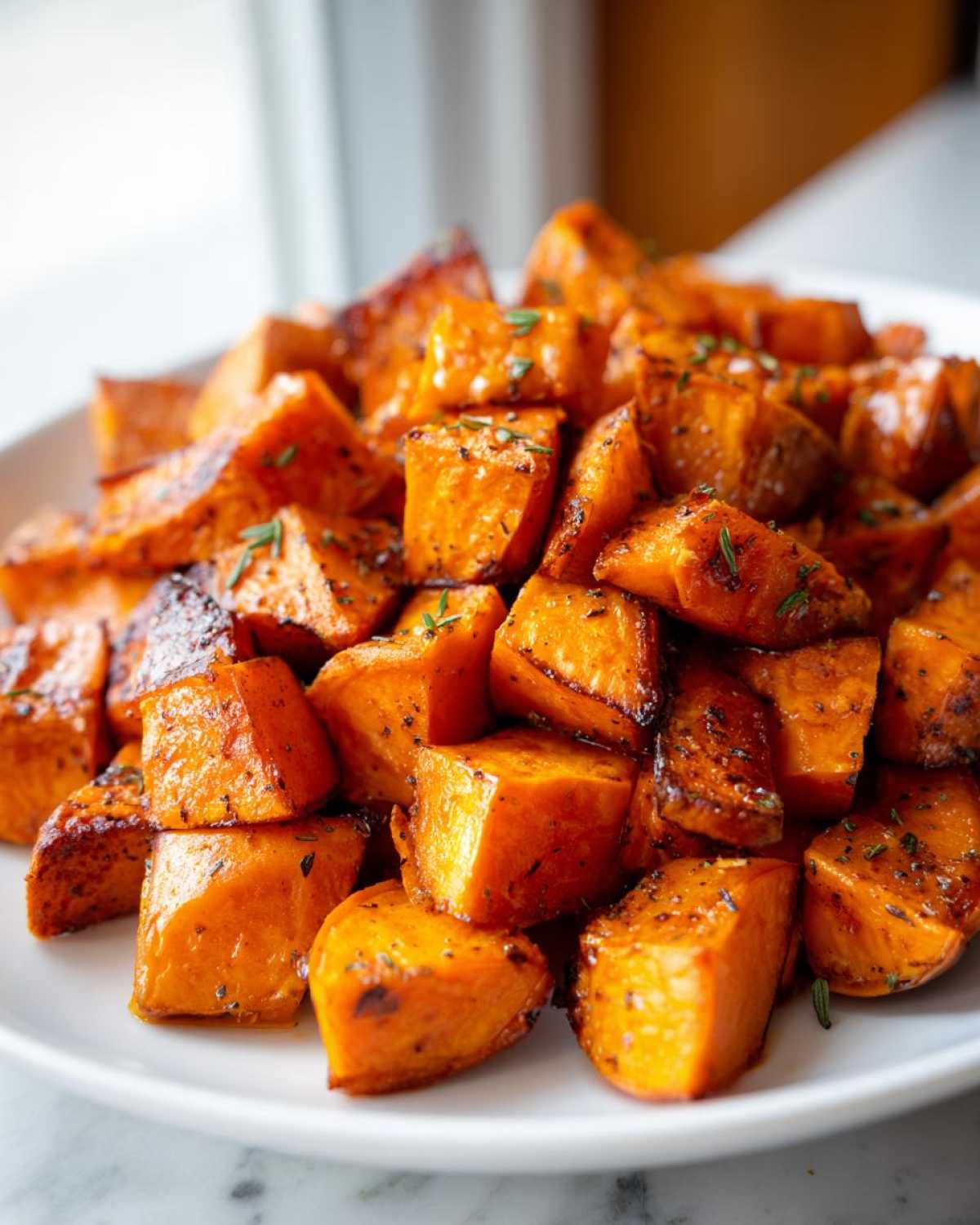 Close-up of glossy, caramelized Roasted Sweet Potatoes cubes sprinkled with herbs on a white plate.